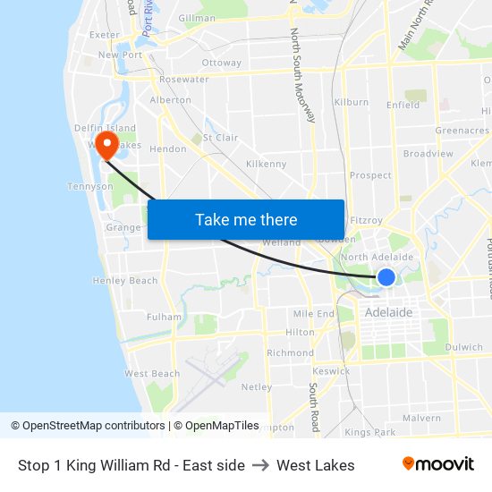 Stop 1 King William Rd - East side to West Lakes map