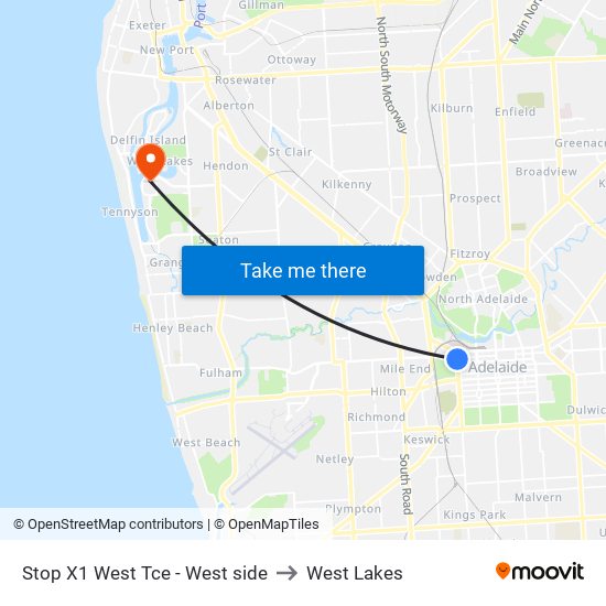 Stop X1 West Tce - West side to West Lakes map