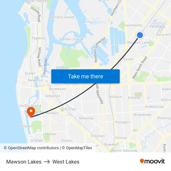 Mawson Lakes to West Lakes map