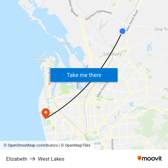 Elizabeth to West Lakes map