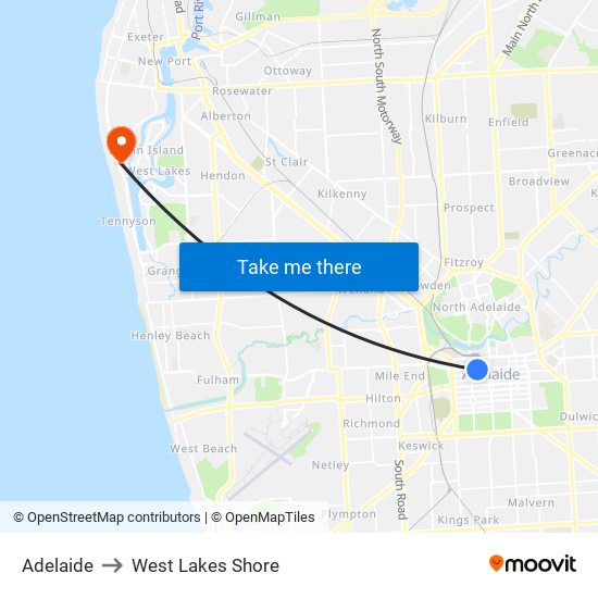 Adelaide to West Lakes Shore map