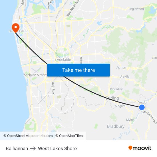 Balhannah to West Lakes Shore map