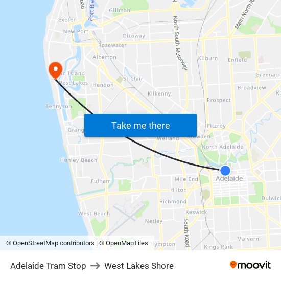 Adelaide Tram Stop to West Lakes Shore map