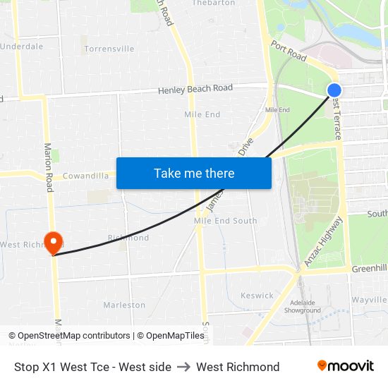 Stop X1 West Tce - West side to West Richmond map