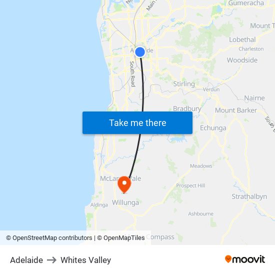 Adelaide to Whites Valley map