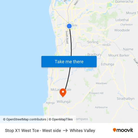 Stop X1 West Tce - West side to Whites Valley map