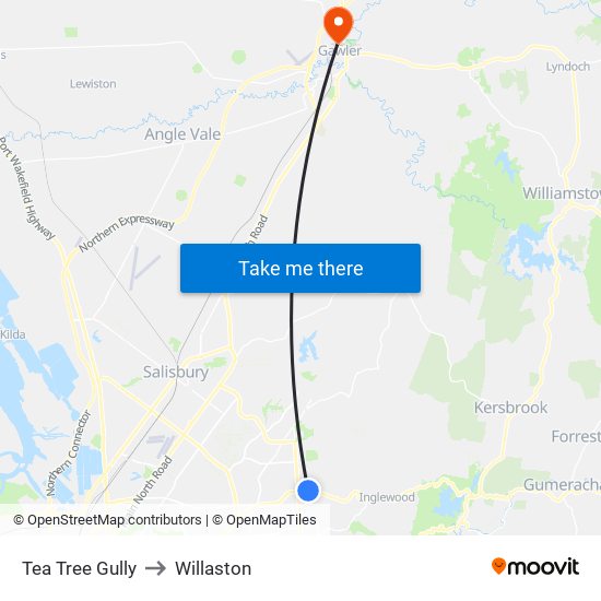 Tea Tree Gully to Willaston map