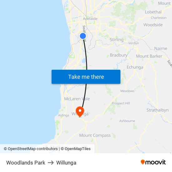 Woodlands Park to Willunga map