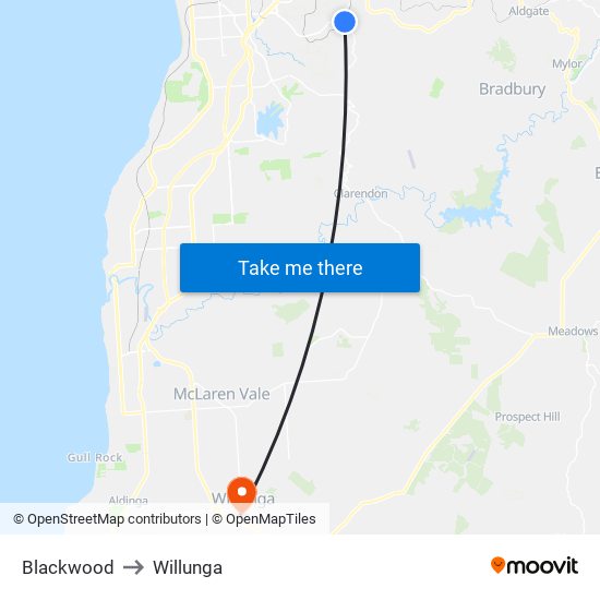 Blackwood to Willunga map