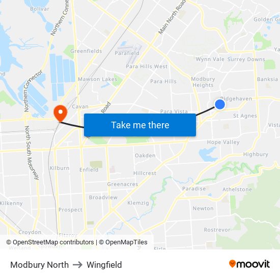 Modbury North to Wingfield map