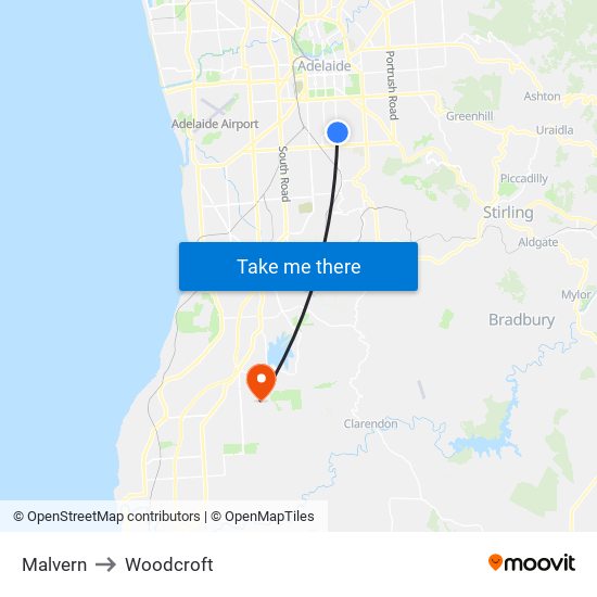 Malvern to Woodcroft map