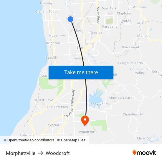 Morphettville to Woodcroft map