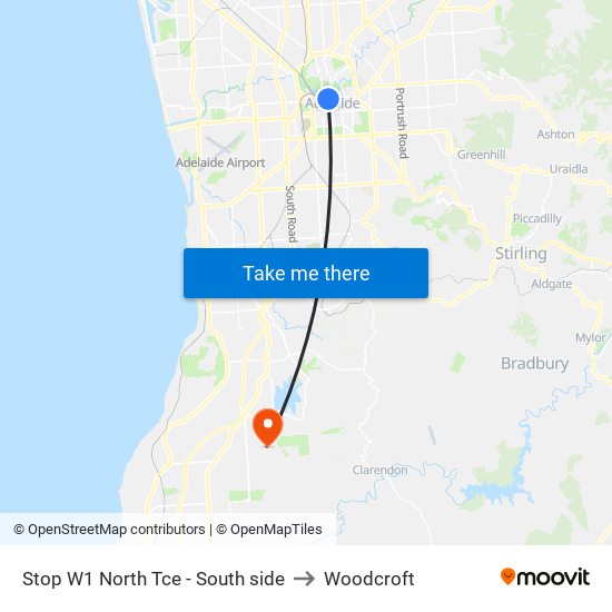 Stop W1 North Tce - South side to Woodcroft map