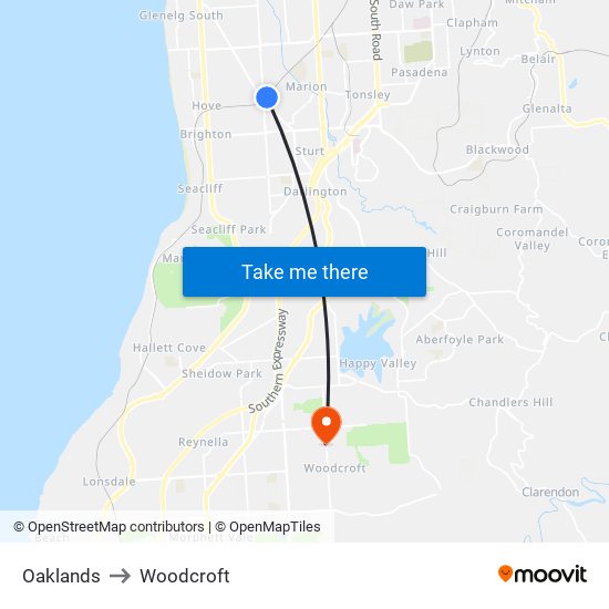 Oaklands to Woodcroft map