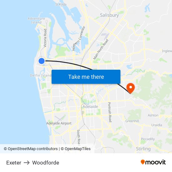 Exeter to Woodforde map