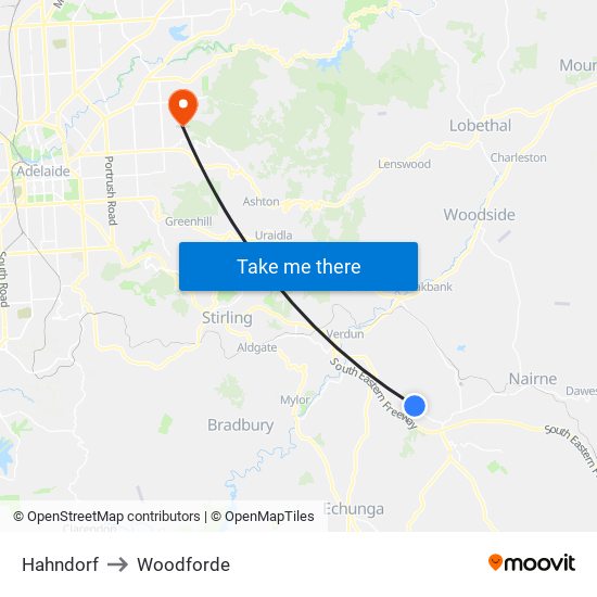 Hahndorf to Woodforde map