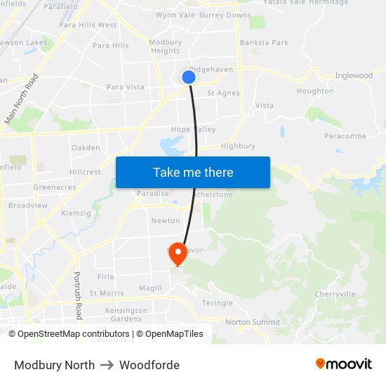 Modbury North to Woodforde map