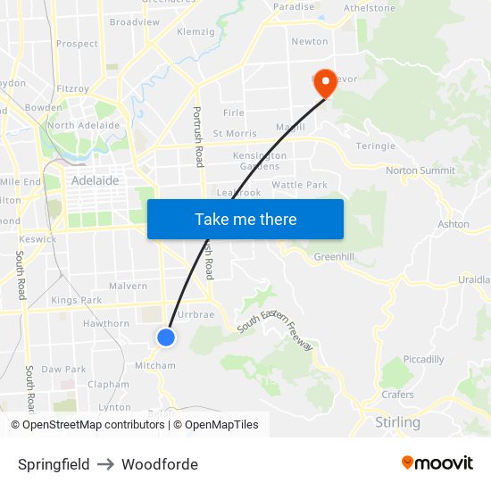 Springfield to Woodforde map