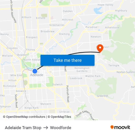 Adelaide Tram Stop to Woodforde map