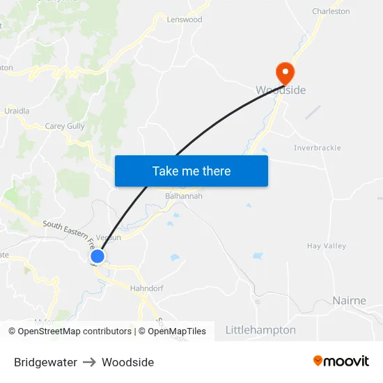 Bridgewater to Woodside map