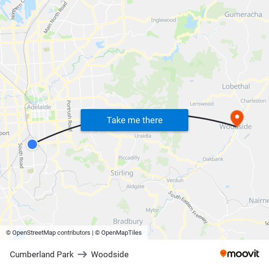 Cumberland Park to Woodside map