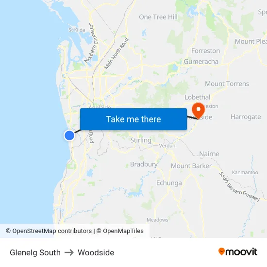 Glenelg South to Woodside map