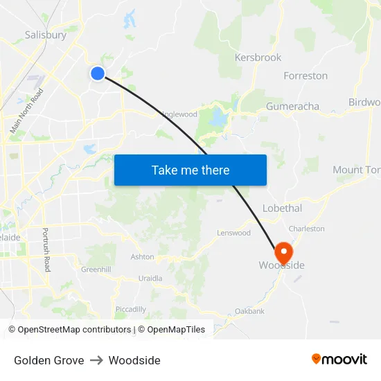 Golden Grove to Woodside map