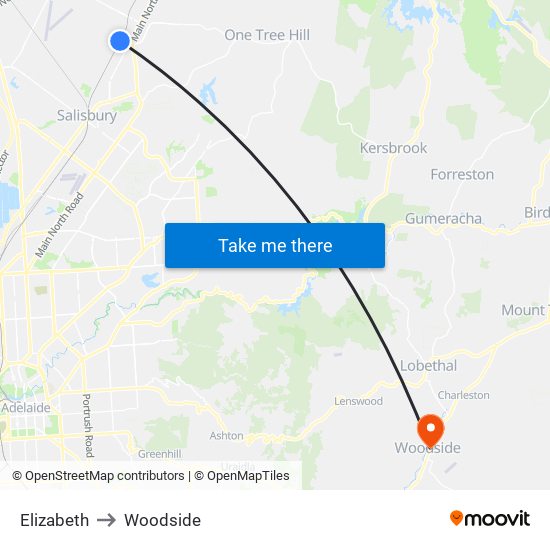 Elizabeth to Woodside map
