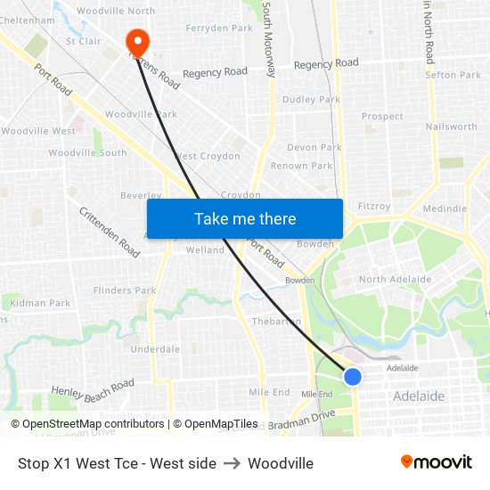 Stop X1 West Tce - West side to Woodville map