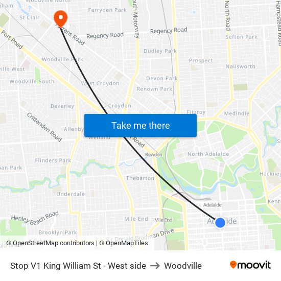 Stop V1 King William St - West side to Woodville map