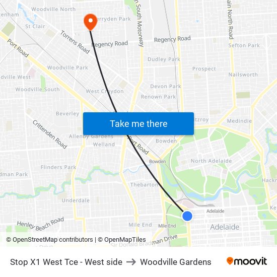 Stop X1 West Tce - West side to Woodville Gardens map