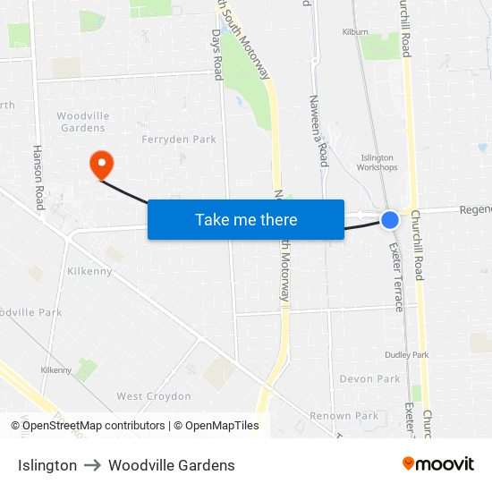 Islington to Woodville Gardens map