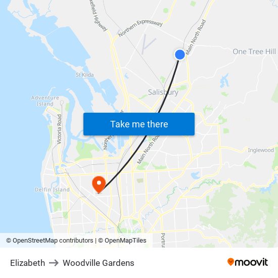 Elizabeth to Woodville Gardens map