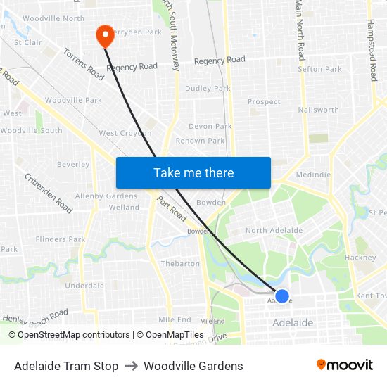 Adelaide Tram Stop to Woodville Gardens map