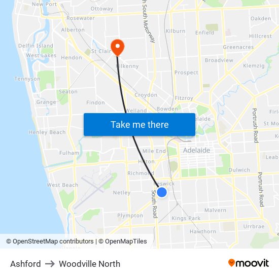 Ashford to Woodville North map