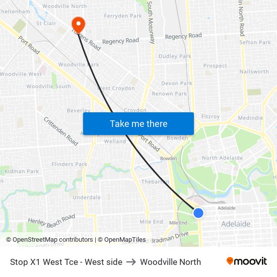 Stop X1 West Tce - West side to Woodville North map