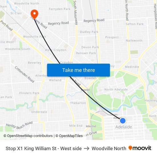 Stop X1 King William St - West side to Woodville North map