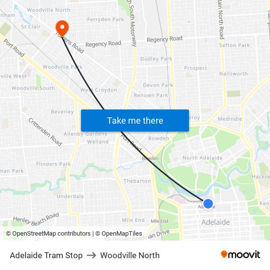 Adelaide Tram Stop to Woodville North map