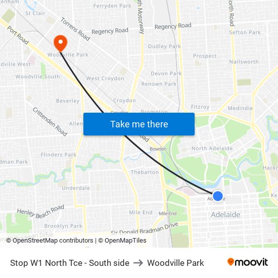 Stop W1 North Tce - South side to Woodville Park map