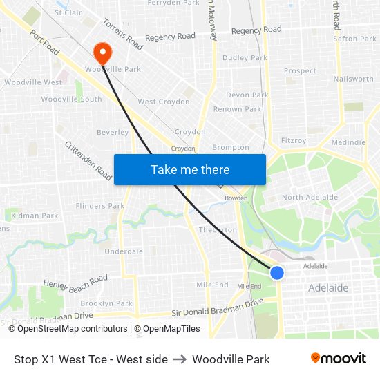 Stop X1 West Tce - West side to Woodville Park map