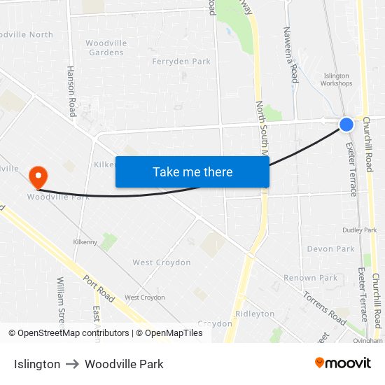 Islington to Woodville Park map