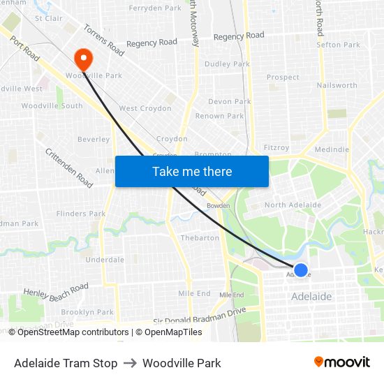 Adelaide Tram Stop to Woodville Park map