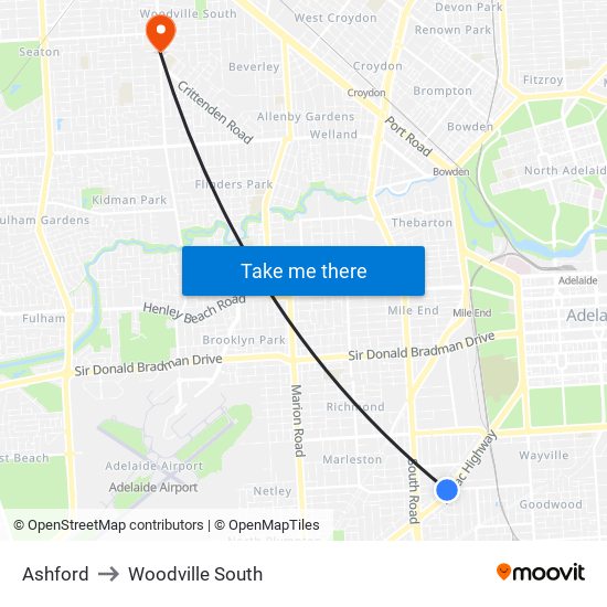 Ashford to Woodville South map