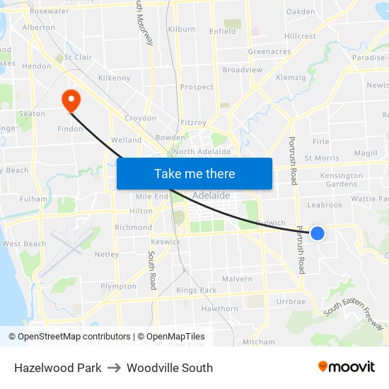 Hazelwood Park to Woodville South map