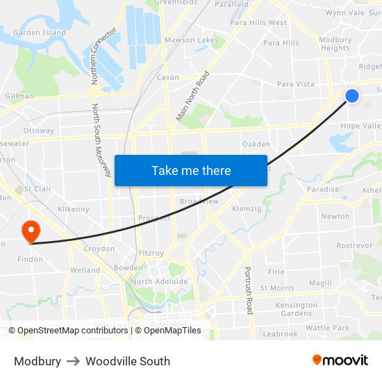 Modbury to Woodville South map