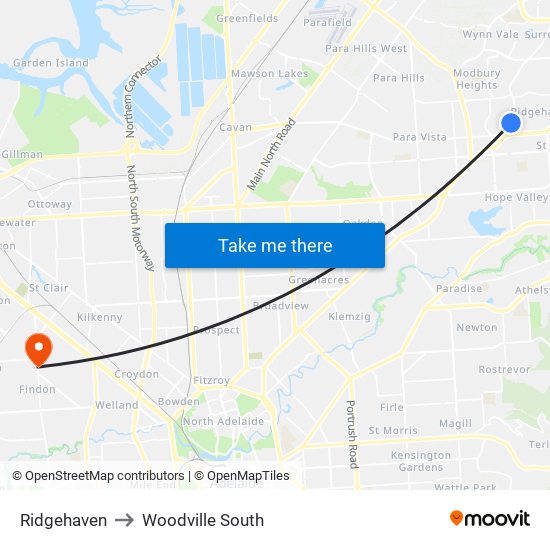 Ridgehaven to Woodville South map