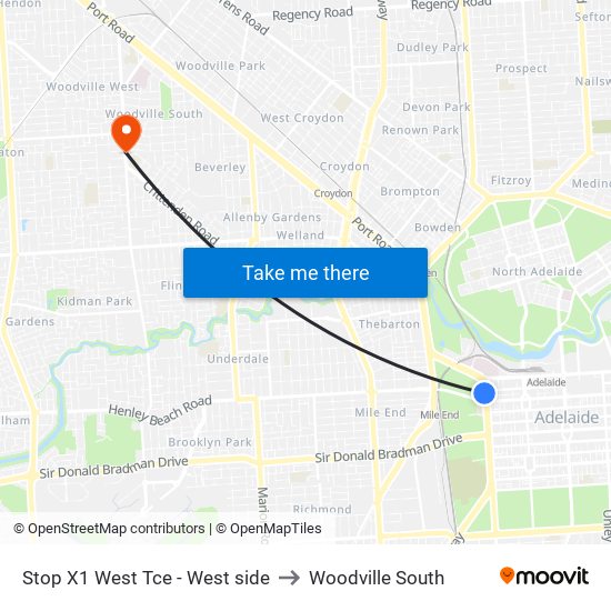 Stop X1 West Tce - West side to Woodville South map