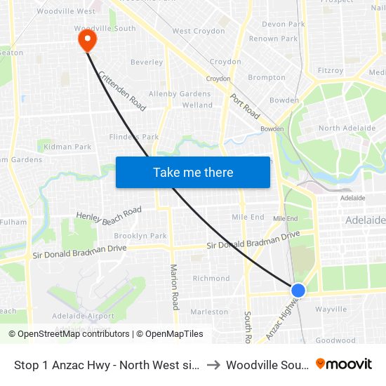 Stop 1 Anzac Hwy - North West side to Woodville South map