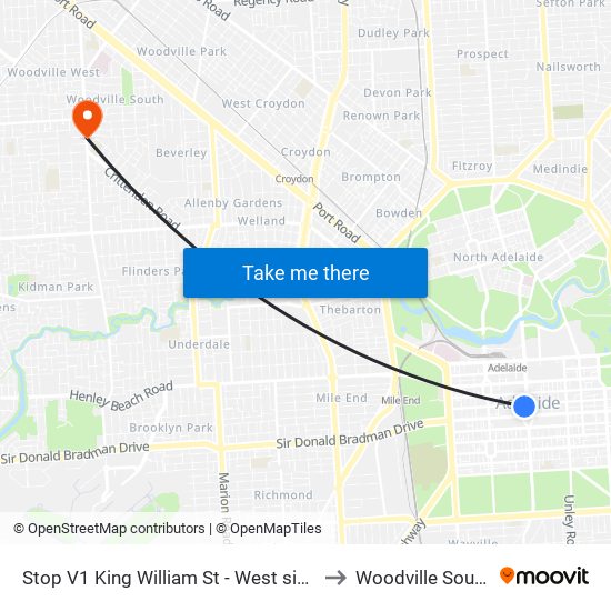 Stop V1 King William St - West side to Woodville South map