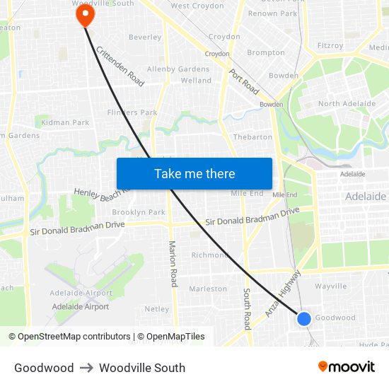 Goodwood to Woodville South map